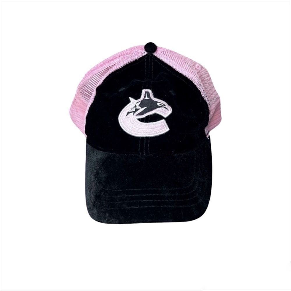 Y2K Vancouver Canucks RBK by Roger Edwards Pink & Black Velvet Trucker Hat